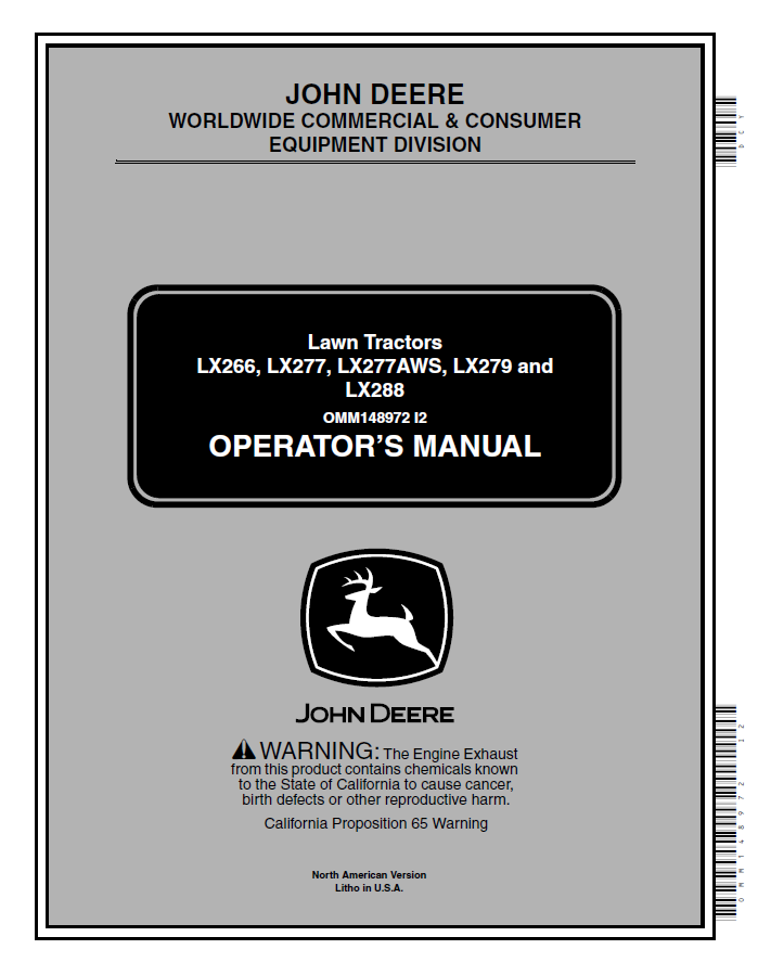 John Deere LX266, LX277, LX277AWS, LX279 and LX288 Lawn  Tractors Operator Manual OMM148972 PDF