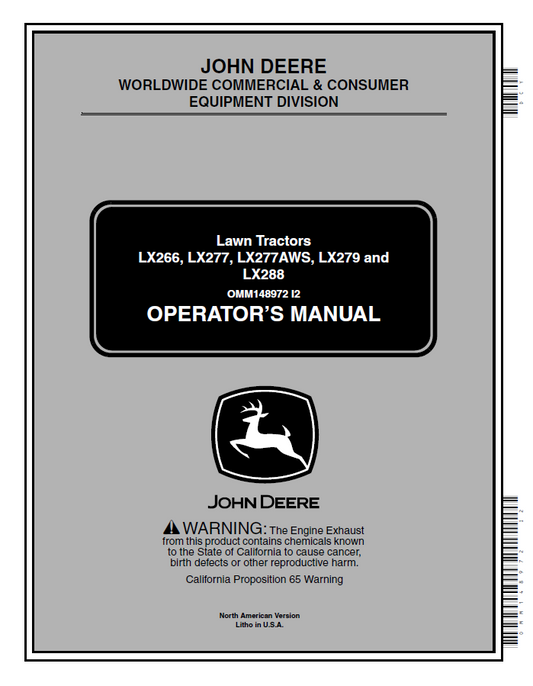 John Deere LX266, LX277, LX277AWS, LX279 and LX288 Lawn  Tractors Operator Manual OMM148972 PDF