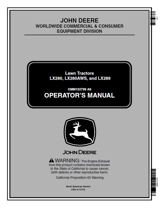 John Deere LX280, LX280AWS, and LX289 Lawn Tractors Operator Manual OMM152799 PDF