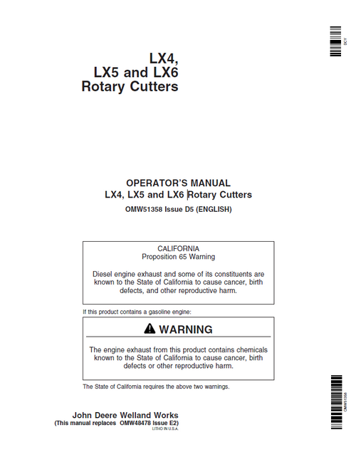 John Deere LX4 LX5 LX6 Rotary Cutter Operator Manual OMW51358