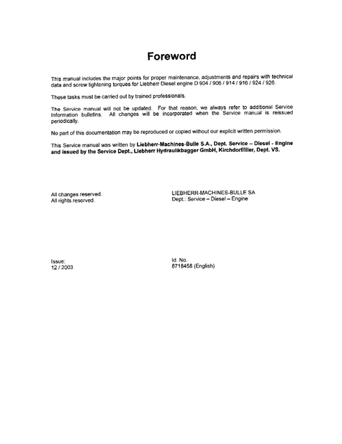 John Deere Liebherr D904 D906 D914 D916 D924 D926 Repair Manual