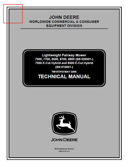 John Deere Lightweight Fairway Mower 7500, 7700, 8500, 8700, 8800, 7500 E-Cut Hybrid and 8500 E-Cut Hybrid Technical Manual TM107919 PDF