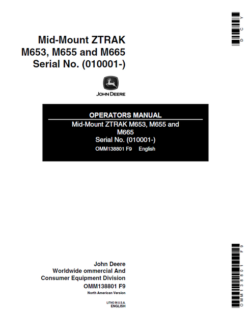 John Deere M653 M655 M665 ZTrak Operator Manual OMM138801
