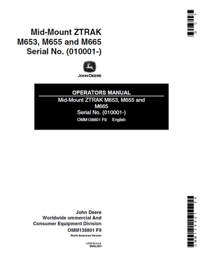 John Deere M653 M655 M665 ZTrak Operator Manual OMM138801