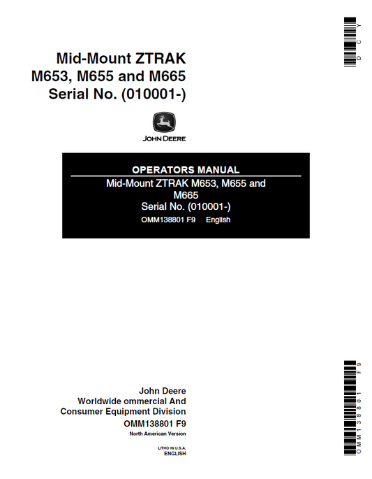 John Deere M653, M655 and M665 Mid-Mount ZTRAK Operator Manual OMM138801 PDF