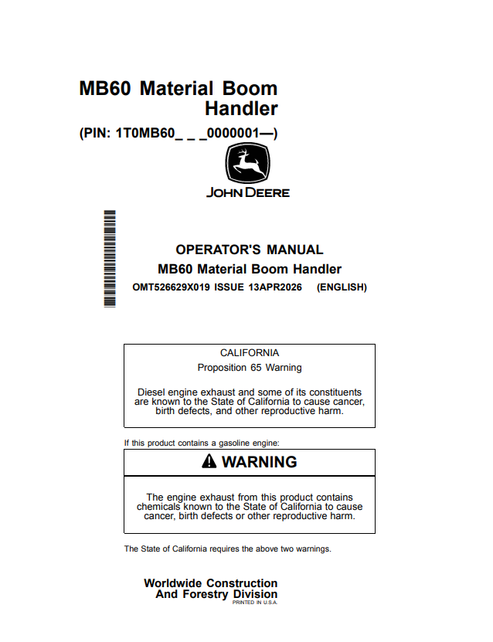 John Deere MB60 Material Boom Handler Operator Manual PDF