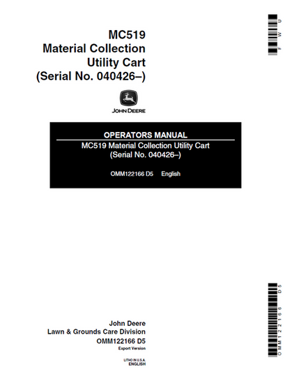 John Deere MC519 Material Collection Utility Cart Operator Manual OMM122166