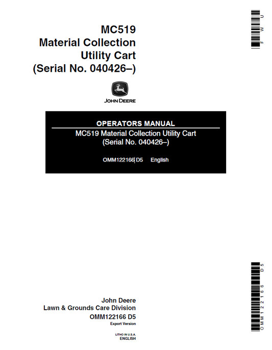 John Deere MC519 Material Collection Utility Cart Operator Manual OMM122166 PDF