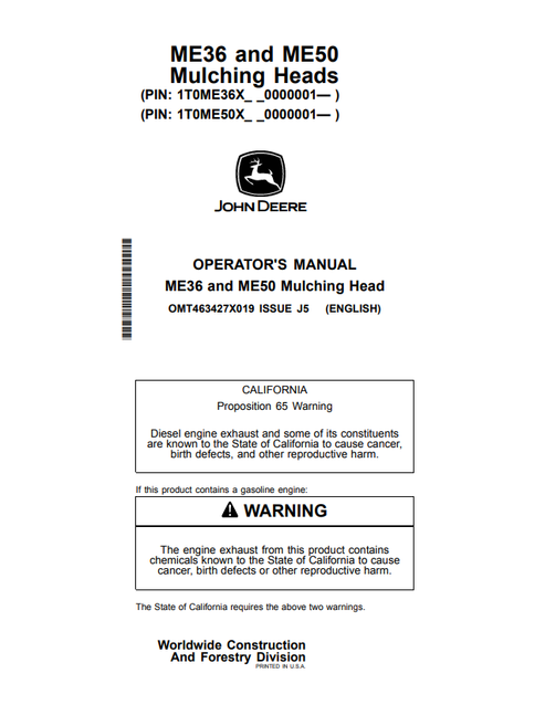 John Deere ME36 ME50 Mulching Head Operator Manual PDF