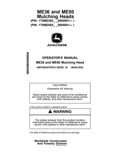John Deere ME36 ME50 Mulching Head Operator Manual PDF
