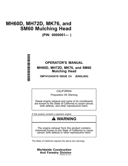 John Deere MH60D MH72D MK76 SM60 Mulching Head Manual OMT412343

