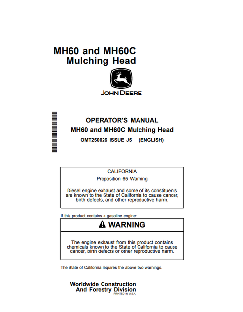 John Deere MH60 MH60C Mulching Head Operator Manual OMT250026 PDF