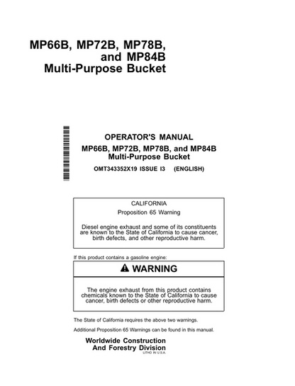 John Deere MP66B MP72B MP78B MP84B Multi-purpose Bucket Manual