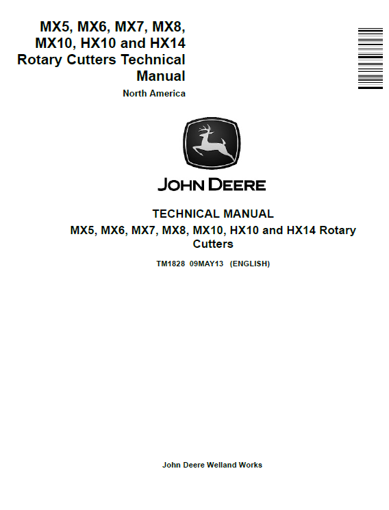 John Deere MX5, MX6, MX7, MX8,MX10, HX10 and HX14Rotary Cutters Technical Manual TM1828 PDF