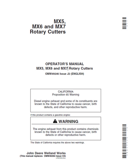 John Deere MX5 MX6 MX7 Rotary Cutter Operator Manual OMW49246