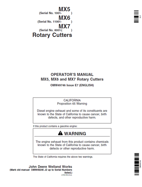 John Deere MX5 MX6 MX7 Rotary Cutter Operator Manual OMW49746