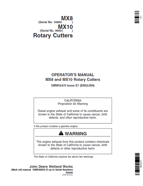 John Deere MX8 MX10 Rotary Cutter Operator Manual OMW52470