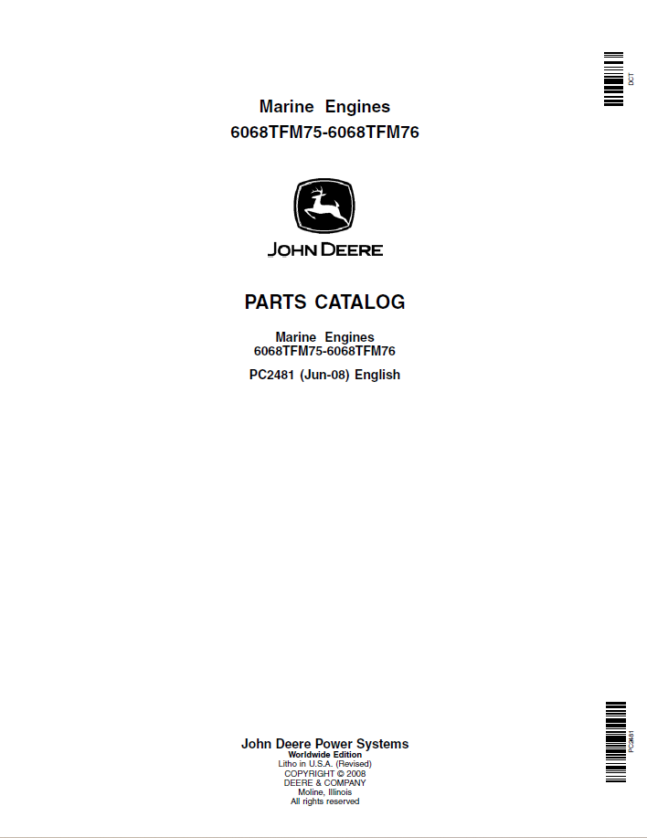 John Deere Marine Engines 6068TFM75-6068TFM76 Parts Catalog Manual PC2481 PDF