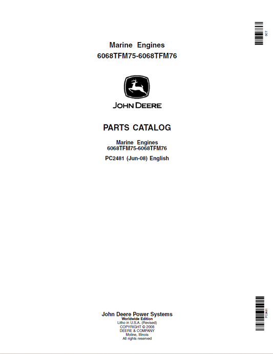 John Deere Marine Engines 6068TFM75-6068TFM76 Parts Catalog Manual PC2481 PDF