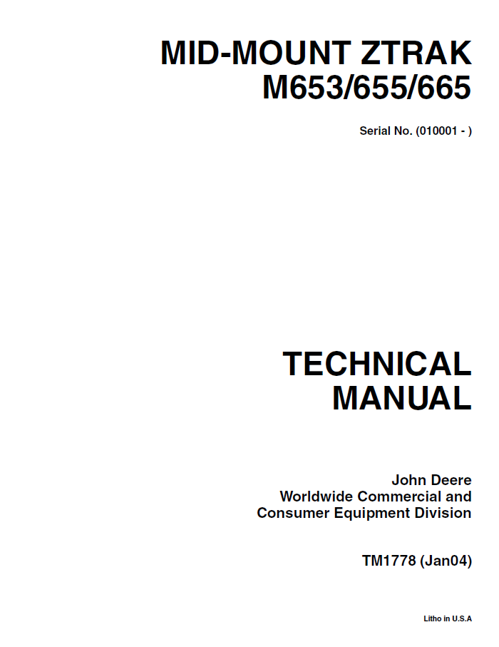 John Deere Mid-Mount Z-Trak M653/655/665 Technical Manual TM1778 PDF 
