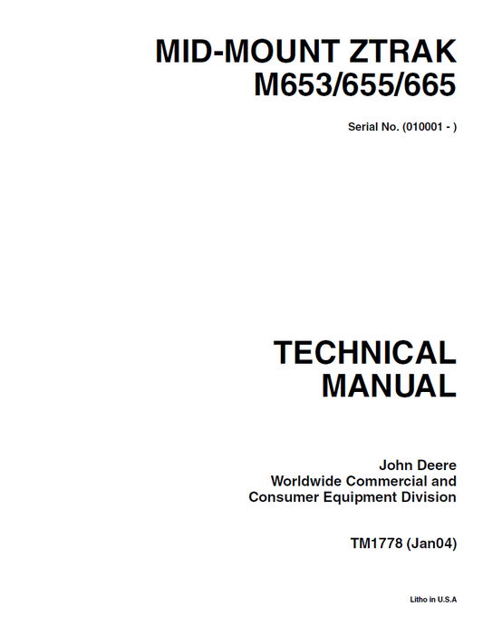 John Deere Mid-Mount Z-Trak M653/655/665 Technical Manual TM1778 PDF 