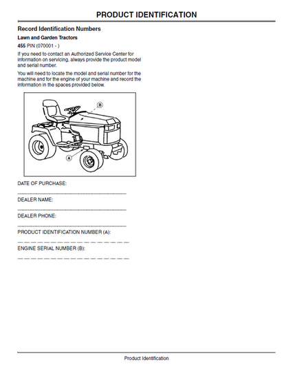 John Deere OMM144040 455 Lawn & Garden Tractor Operation Manual