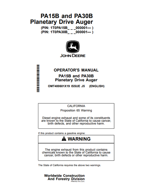 John Deere PA15B PA30B Planetary Drive Auger Operator Manual PDF