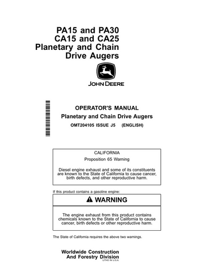 John Deere PA15 PA30 CA15 CA25 Auger Operator Manual OMT204105