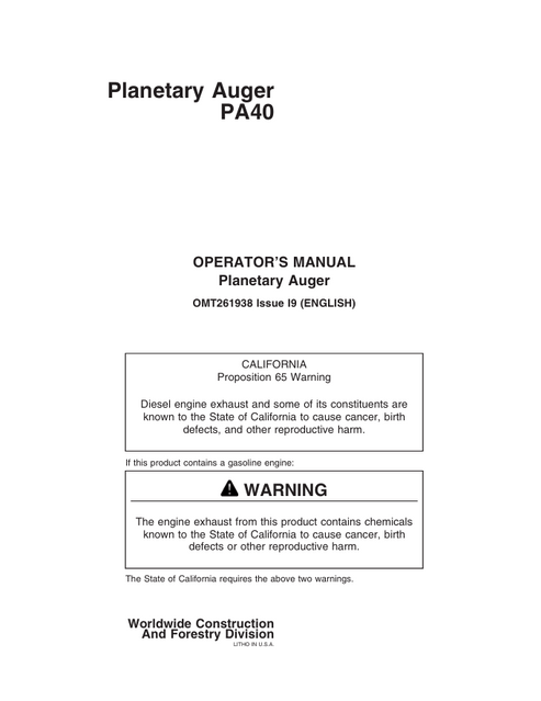 John Deere PA40 Planetary Auger Operator Manual
