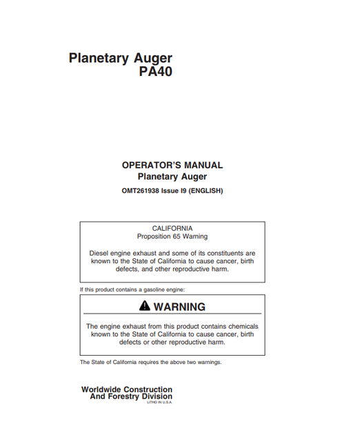 John Deere PA40 Planetary Auger Operator Manual OMT261938
