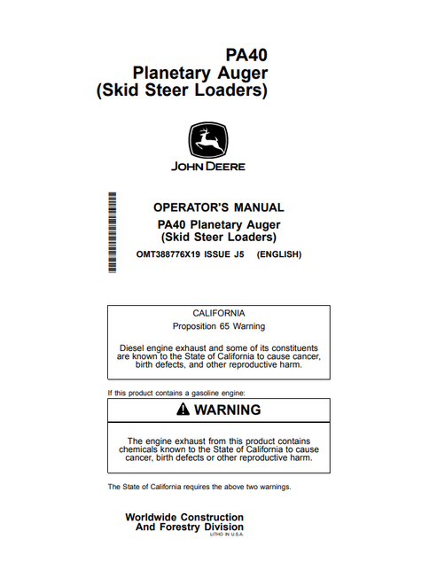 John Deere PA40 Planetary Auger Operator Manual PDF