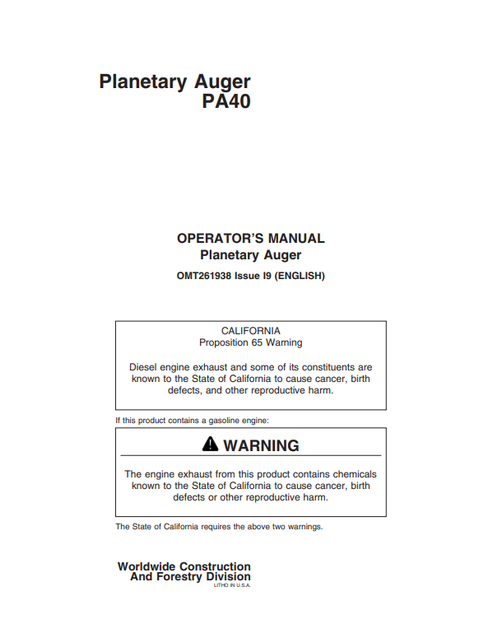 John Deere PA40 Planetary Auger Operator Manual PDF OMT261938
