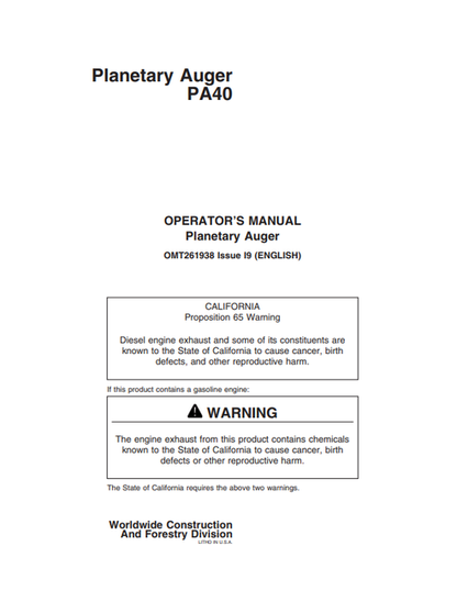 John Deere PA40 Planetary Auger Operator Manual PDF OMT261938