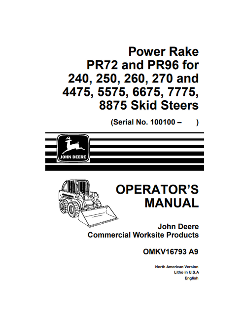 John Deere PR72 PR96 Power Rake Operator Manual PDF OMKV16793
