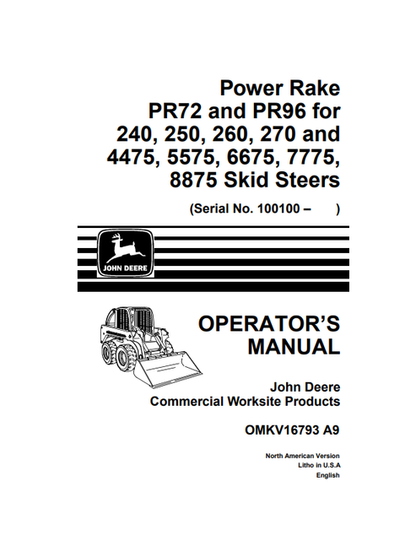 John Deere PR72 PR96 Power Rake Operator Manual PDF OMKV16793
