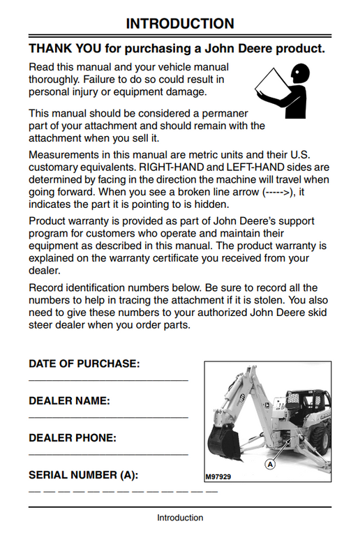 John Deere PRO850 PRO900 PRO911 Backhoe Operator Manual OMKV16796