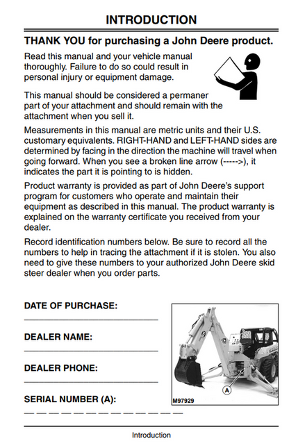 John Deere PRO850 PRO900 PRO911 Backhoe Operator Manual OMKV16796