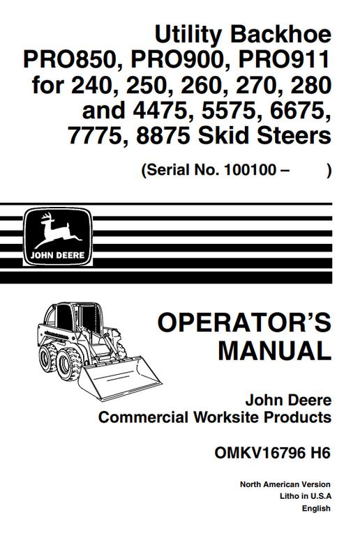 John Deere PRO850 PRO900 PRO911 Utility Backhoe Operator Manual