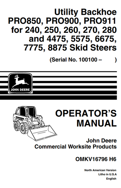 John Deere PRO850 PRO900 PRO911 Utility Backhoe Operator Manual