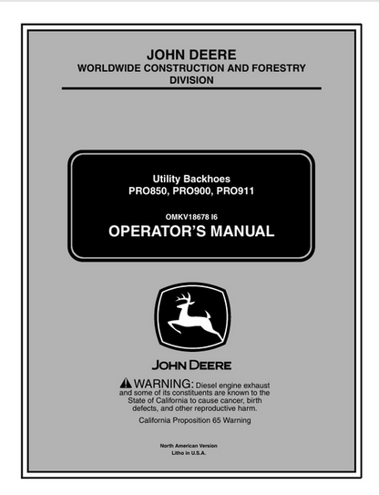 John Deere PRO850 PRO900 PRO911 Utility Backhoe Operator Manual