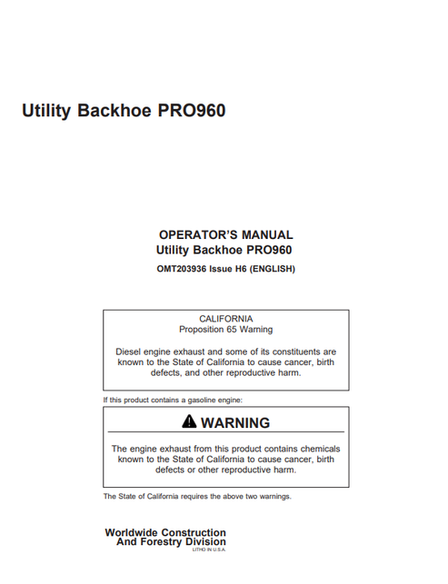 John Deere PRO960 Utility Backhoe Operator Manual PDF OMT203936