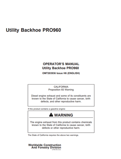 John Deere PRO960 Utility Backhoe Operator Manual PDF OMT203936