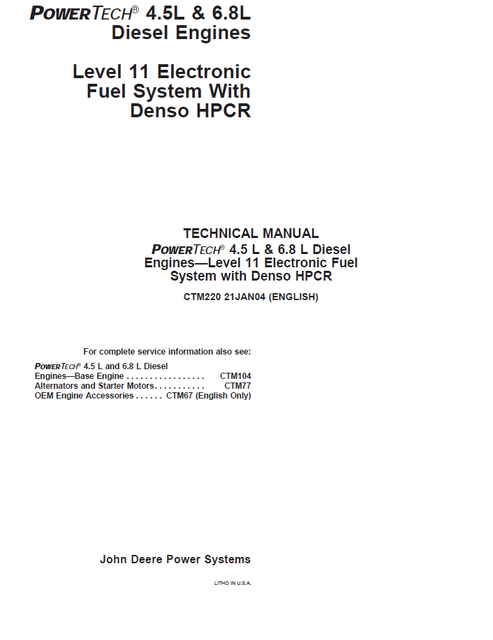 John Deere PowerTech 4.5L 6.8L Denso HPCR Technical Manual CTM220