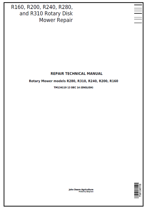 John Deere R160 R200 R240 R280 R310 Rotary Disk Mower Repair Manual