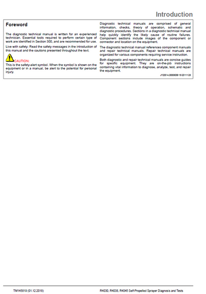 John Deere R4030 R4038 R4045 Self-Propelled Sprayer Technical Manual