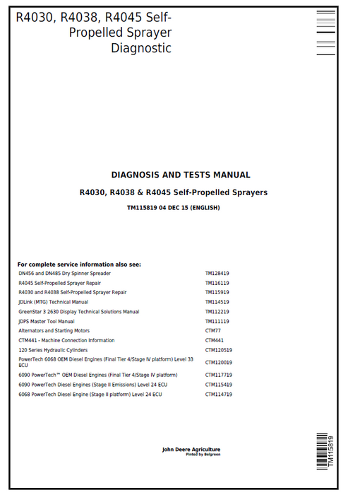 John Deere R4030 R4038 R4045 Sprayer Diagnosis & Test Manual TM115819