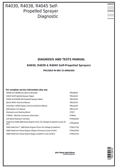 John Deere R4030 R4038 R4045 Sprayer Diagnosis & Test Manual TM115819