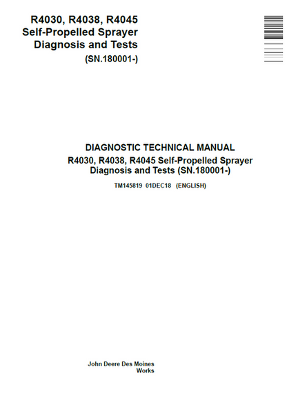 John Deere R4030 R4038 R4045 Sprayer Diagnosis Test Manual TM145819