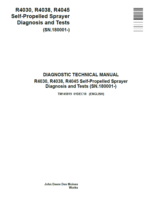 John Deere R4030 R4038 R4045 Sprayer Diagnosis Test Manual TM145819