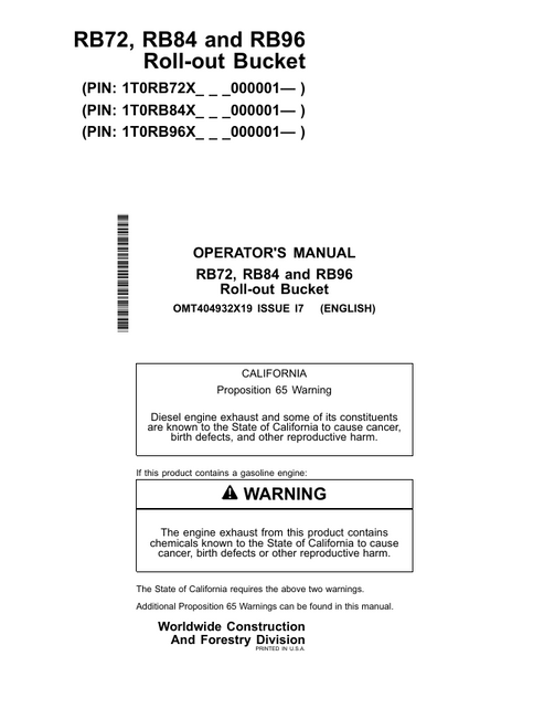 John Deere RB72 RB84 RB96 Roll-out Bucket Operator Manual